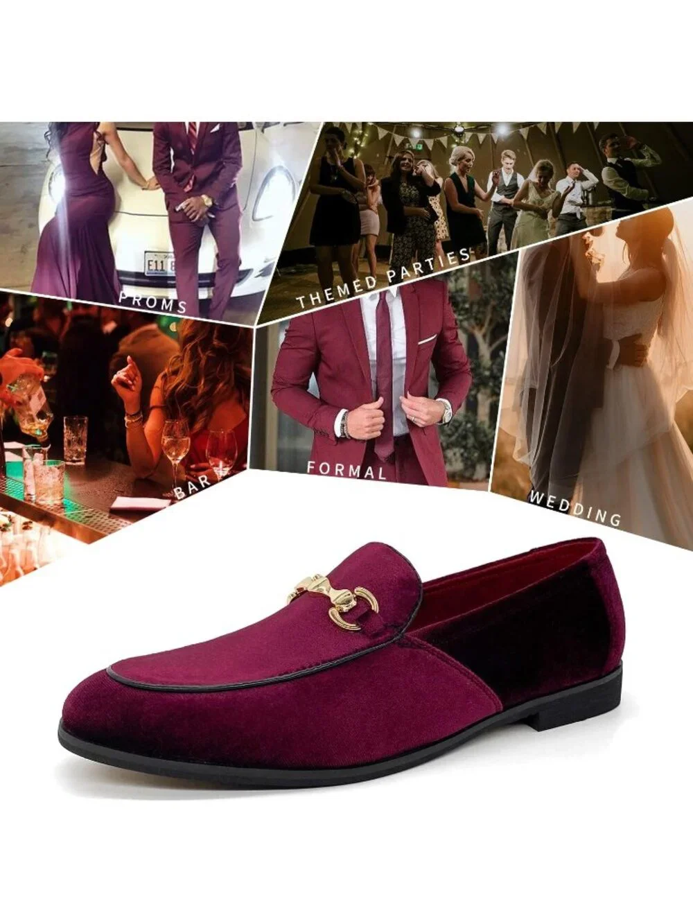 Men's Burgundy Velvet Glitter Suede Gold Bit Slip On Loafer Slipper Dress Shoes